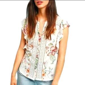 Anthropologie Maeve Floral Eyelet Linen Blend V-Neck Boho Chic Top Summer XSP